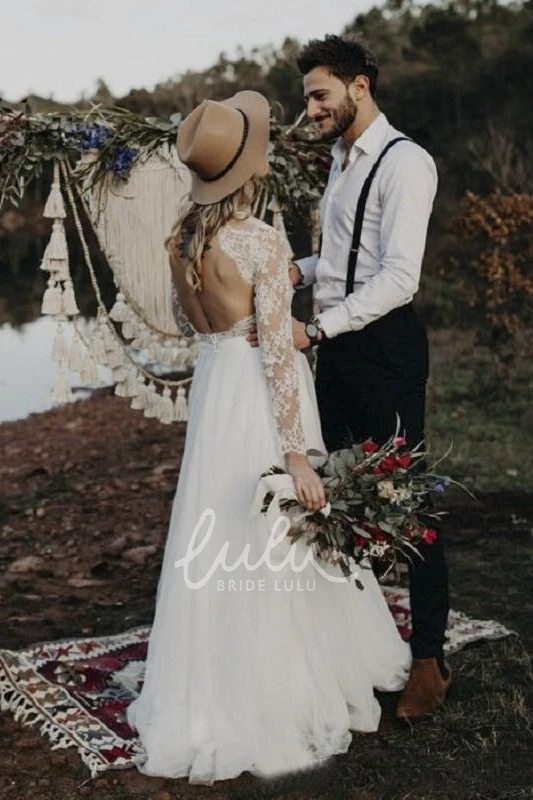 Elegant Lace and Tulle Wedding Dress with Long Sleeves and Keyhole
