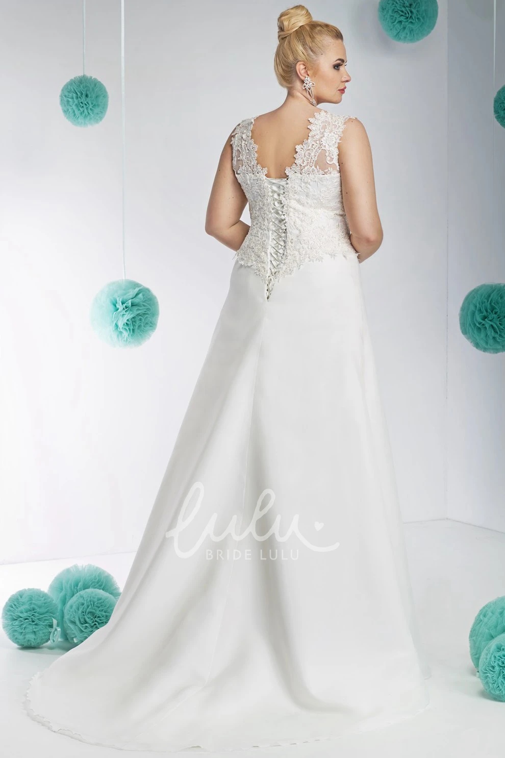 Plus Size Lace and Satin Wedding Dress with Appliques V-Neckline