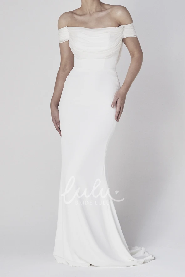 Sheath Satin Bridal Gown with Off-the-shoulder Tiers and V-back Elegant Wedding Dress