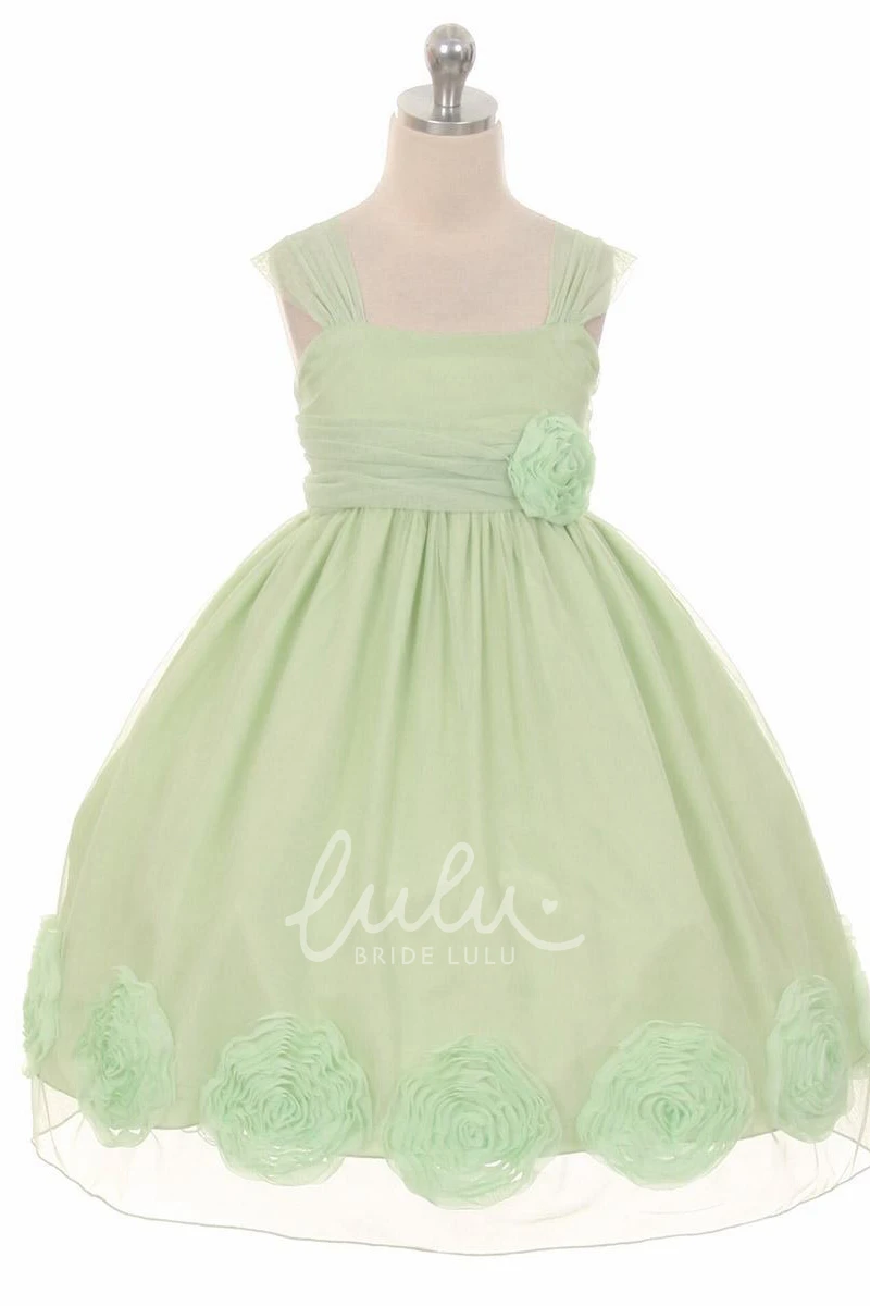 Empire Pleated Floral Flower Girl Dress with Tea-Length and Sash