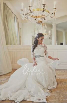 Illusion Tulle Wedding Dress with Lace Appliques Elegant 3/4 Sleeve Bridal Gown