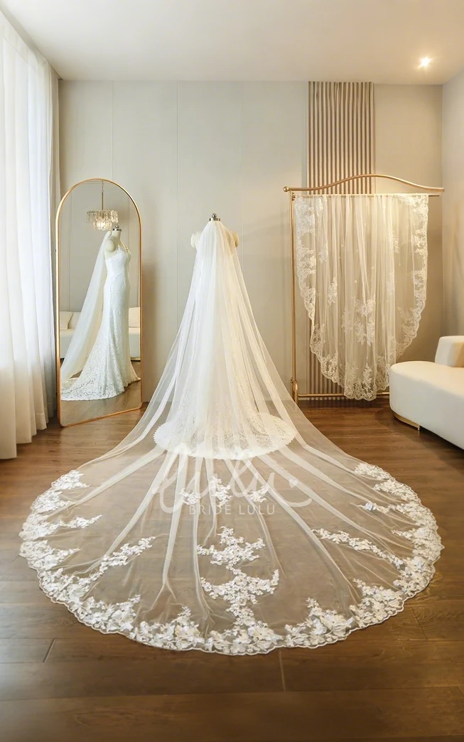 Modern Floral One-Tier Lace Edge Cathedral Length Tulle Oval Wedding Veil