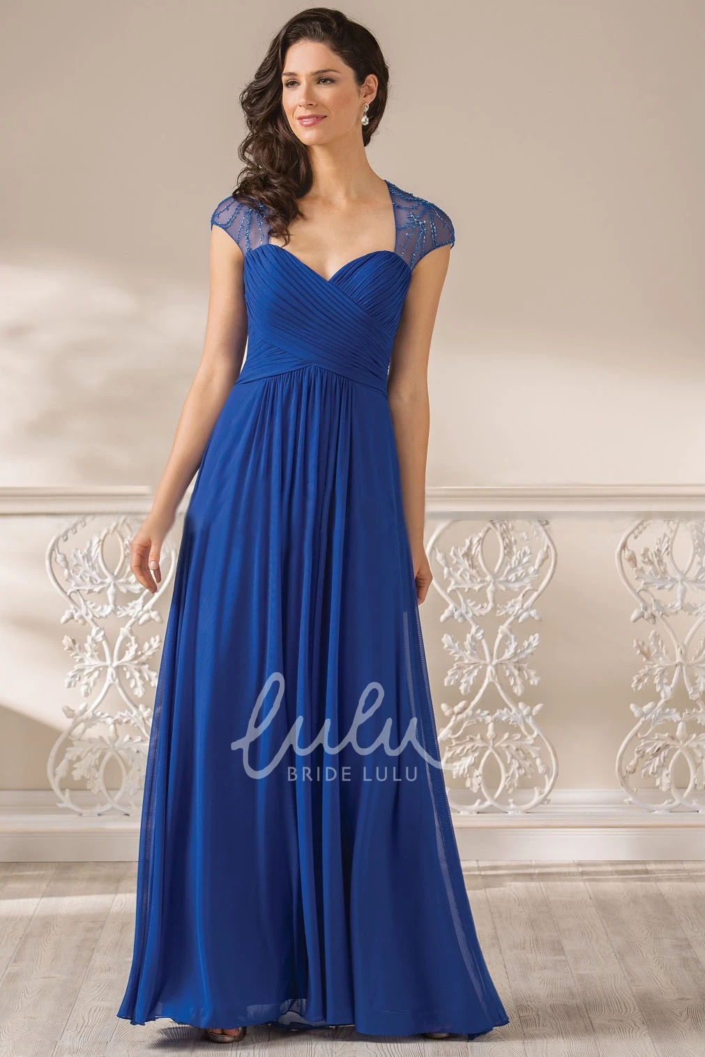 Illusion Beaded Back Cap-Sleeved A-Line Mother Of The Bride Dress