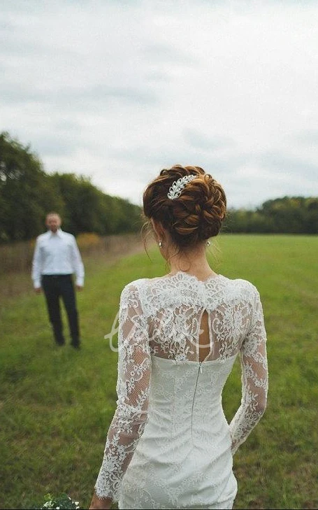Sheath Lace Wedding Dress with Illusion Sleeves and Keyhole Back
