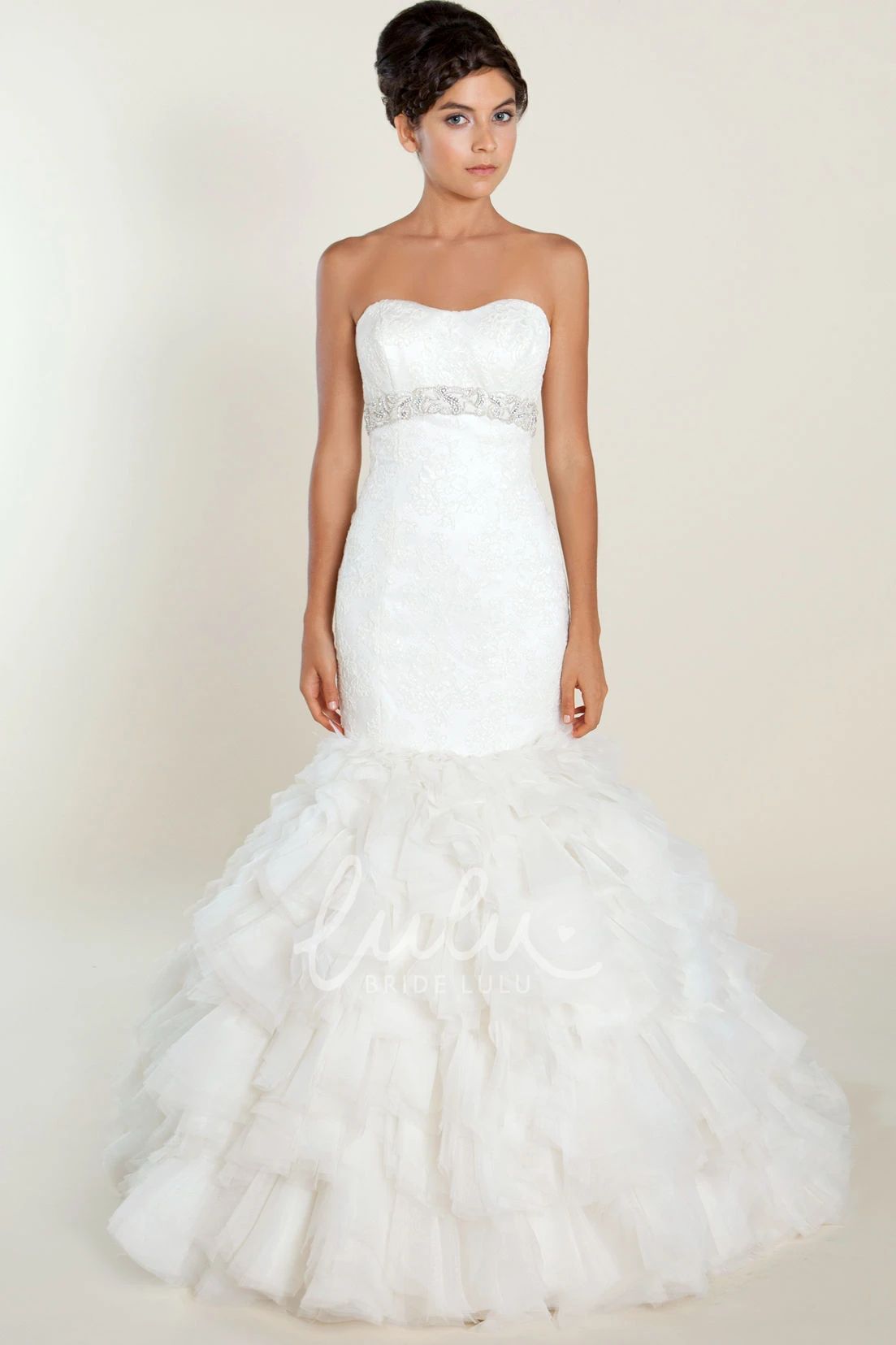 Strapless Tulle & Lace Wedding Dress with Jeweled Appliques Trumpet Floor-Length Ruffles