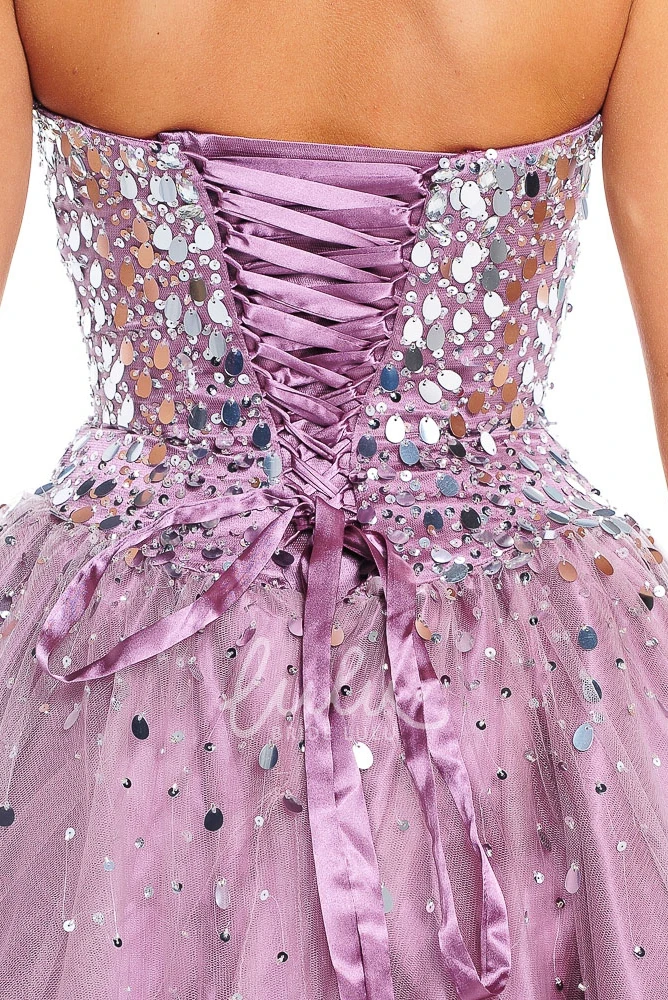 Sequined Tulle Strapless Prom Dress Ball Gown Style with Beading and Bow