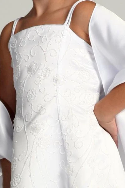 Ankle-Length Beaded Sequin Flower Girl Dress with Floral Satin Straps