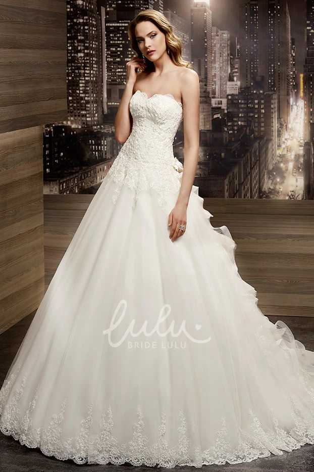 Lace-up Back A-line Wedding Dress with Strapless Appliques and Ruching Train Classy Bridal Gown