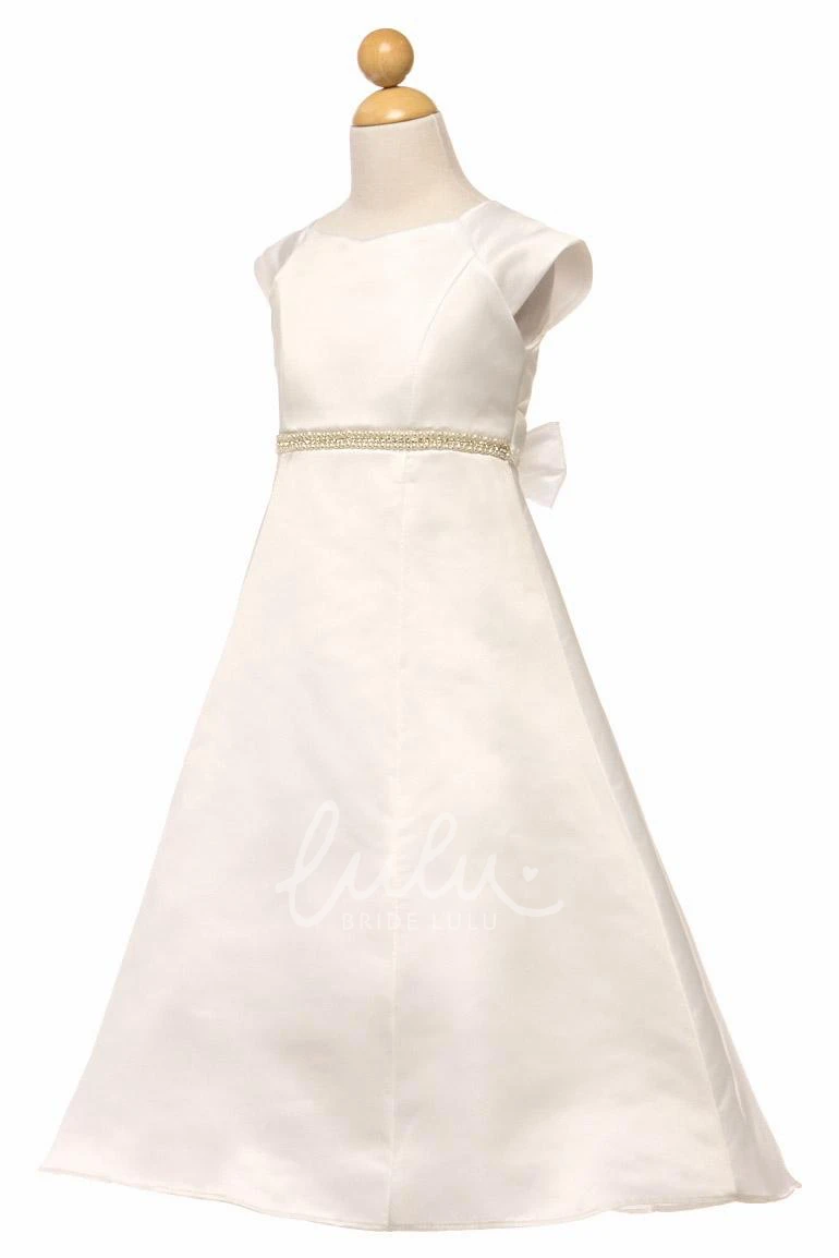 Beaded Satin Flower Girl Dress with Bell-Sleeves Ankle-Length
