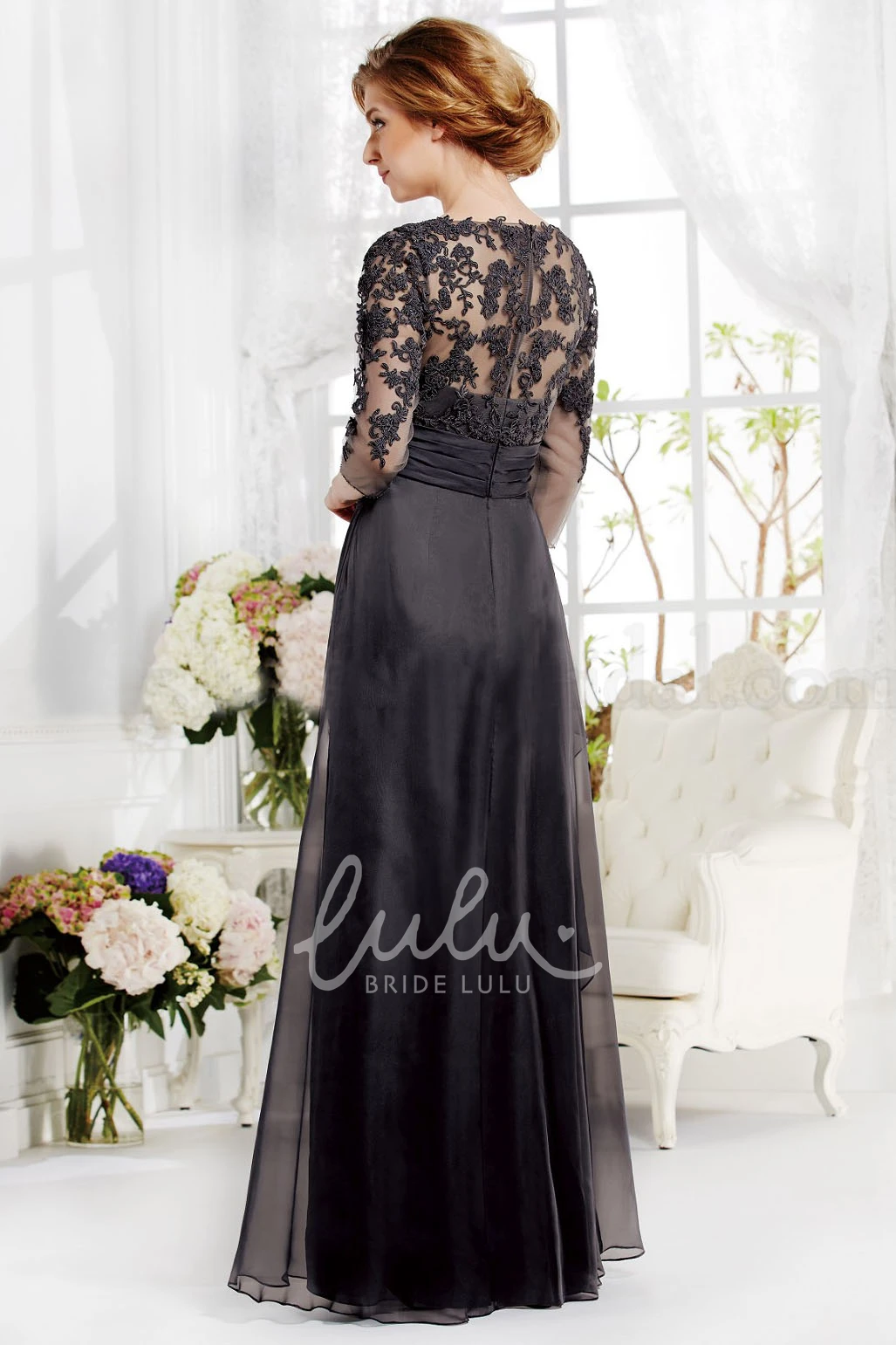 Applique and Pleated A-Line Gown with Sleeves for Special Occasions