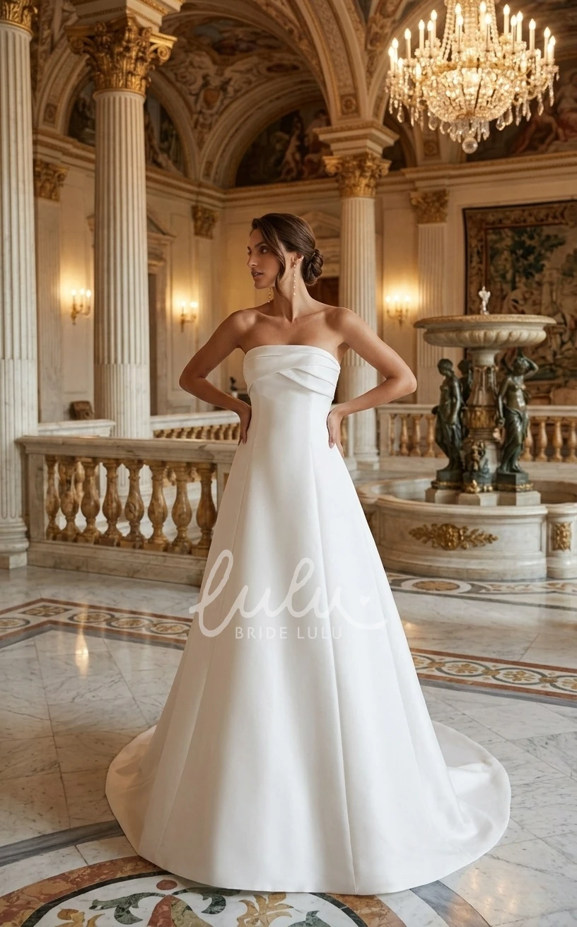 Elegant Simple A-Line Satin Strapless Neckline Beach Spring Wedding Dress Sexy Flowy Classic Ruching Sleeveless Button Back Bridal Gown