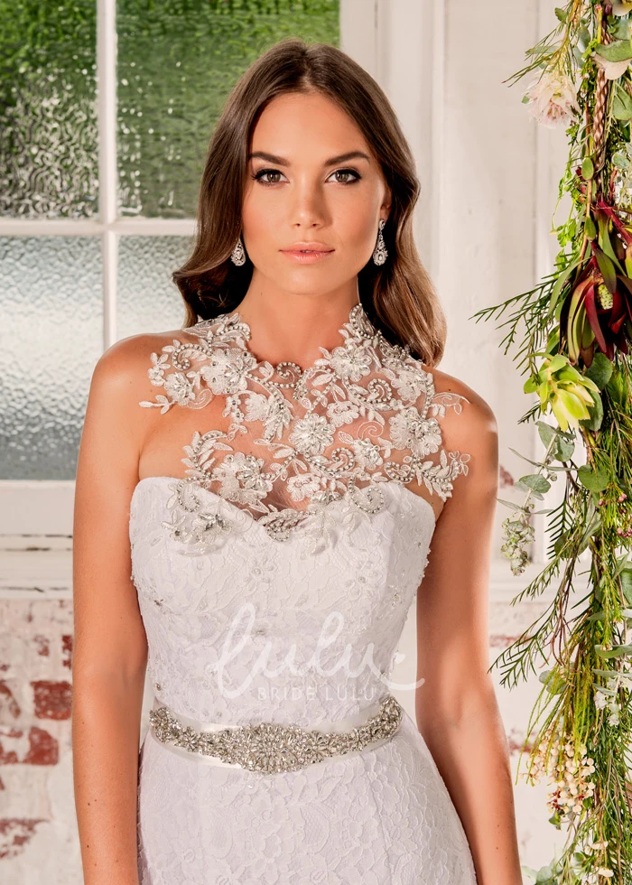 Beaded High Neck Lace Sheath Wedding Dress with Waist Jewelry Elegant Wedding Dress