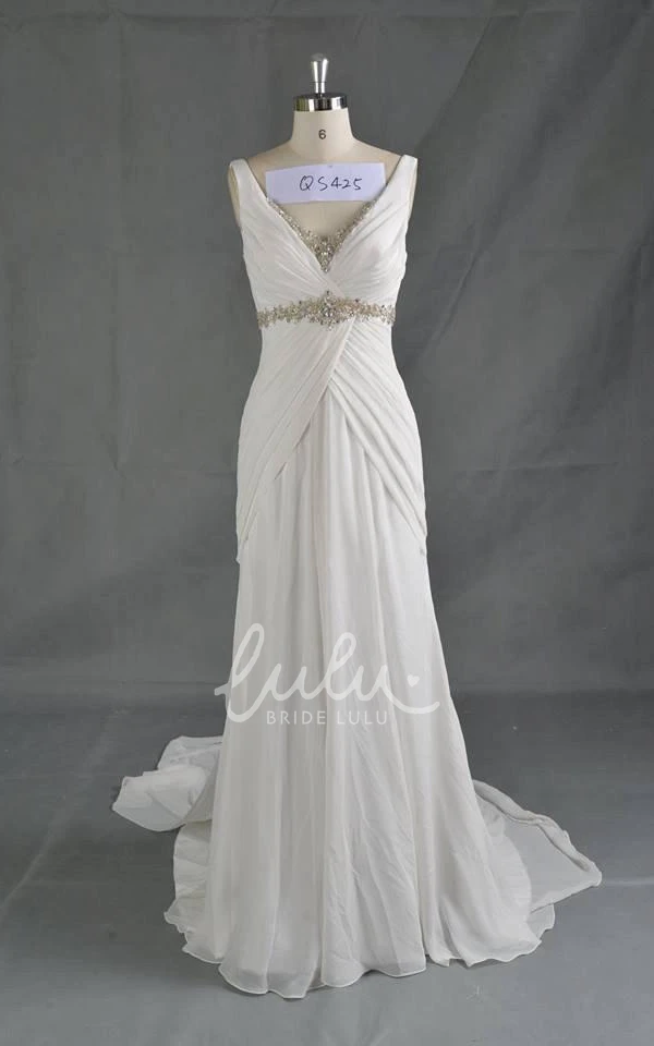 Beaded V-Neck Chiffon Wedding Dress with Sleeveless A-Line