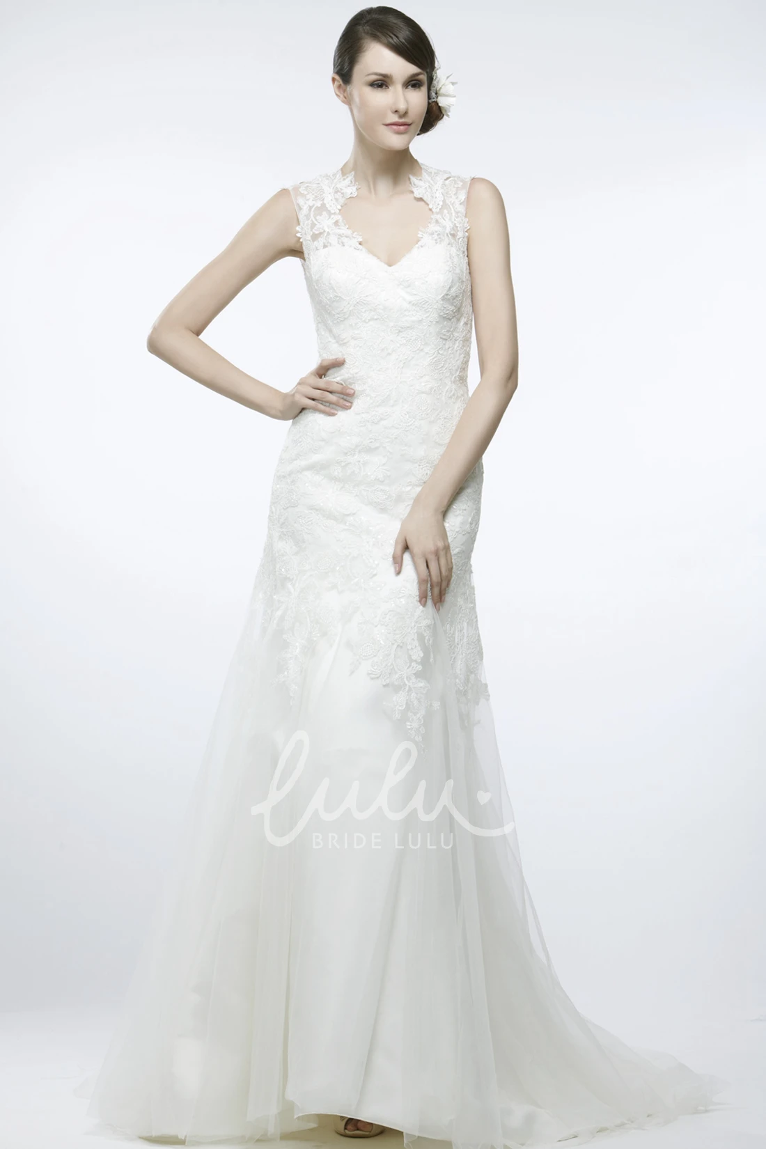 V-Neck Lace A-Line Spring Wedding Dress with Keyhole Back and Sweep Train