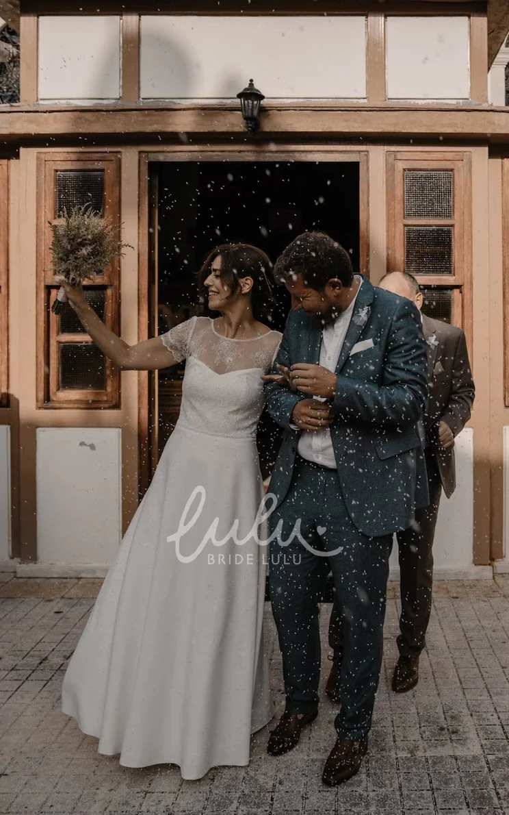 Simple Casual A-Line Boho Wedding Dress Romantic Illusion Short Sleeves Low Back Bridal Gown