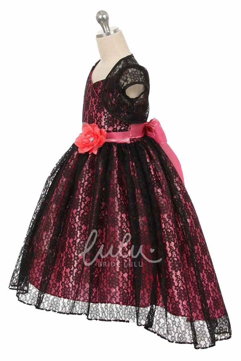 High-Low Criss-Cross Floral Lace Flower Girl Dress with Ribbon Unique Prom Dress