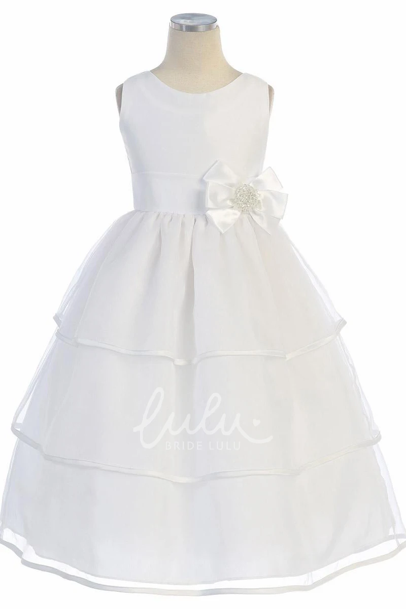 Organza & Satin Flower Girl Dress with Bow Detail Sleeveless Wedding Dress