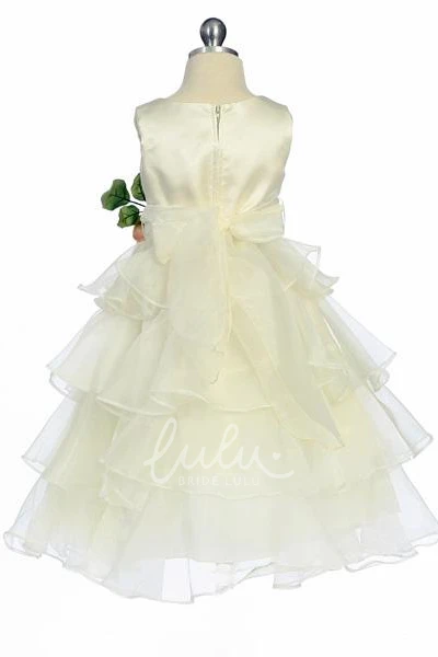 Tiered Organza Tea-Length Flower Girl Dress with Floral Design Flowy Wedding Dress