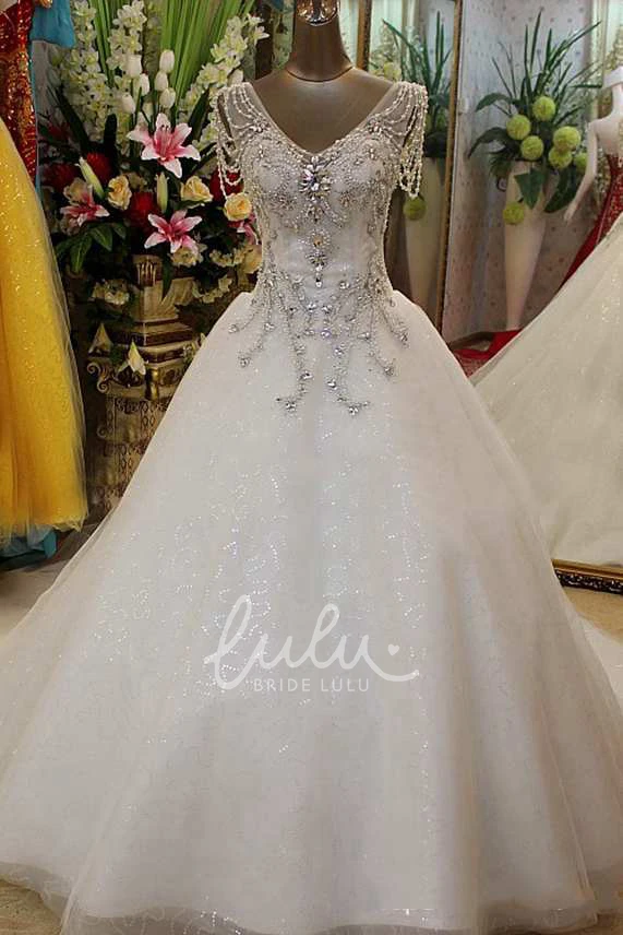 V-Neck Beaded Ball Gown Short Sleeves