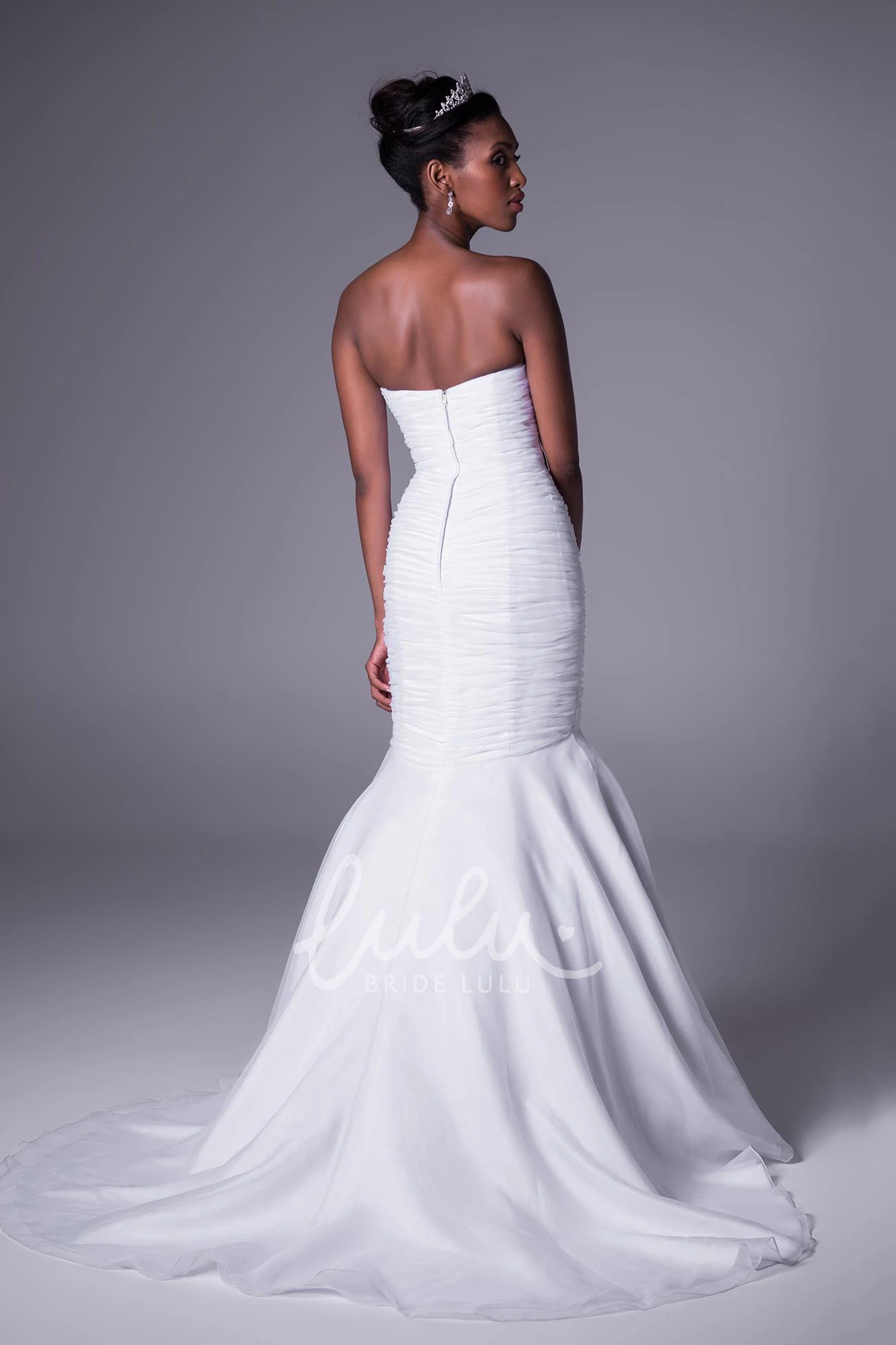 Jeweled Chiffon Strapless Wedding Dress with Brush Train and Trumpet Silhouette