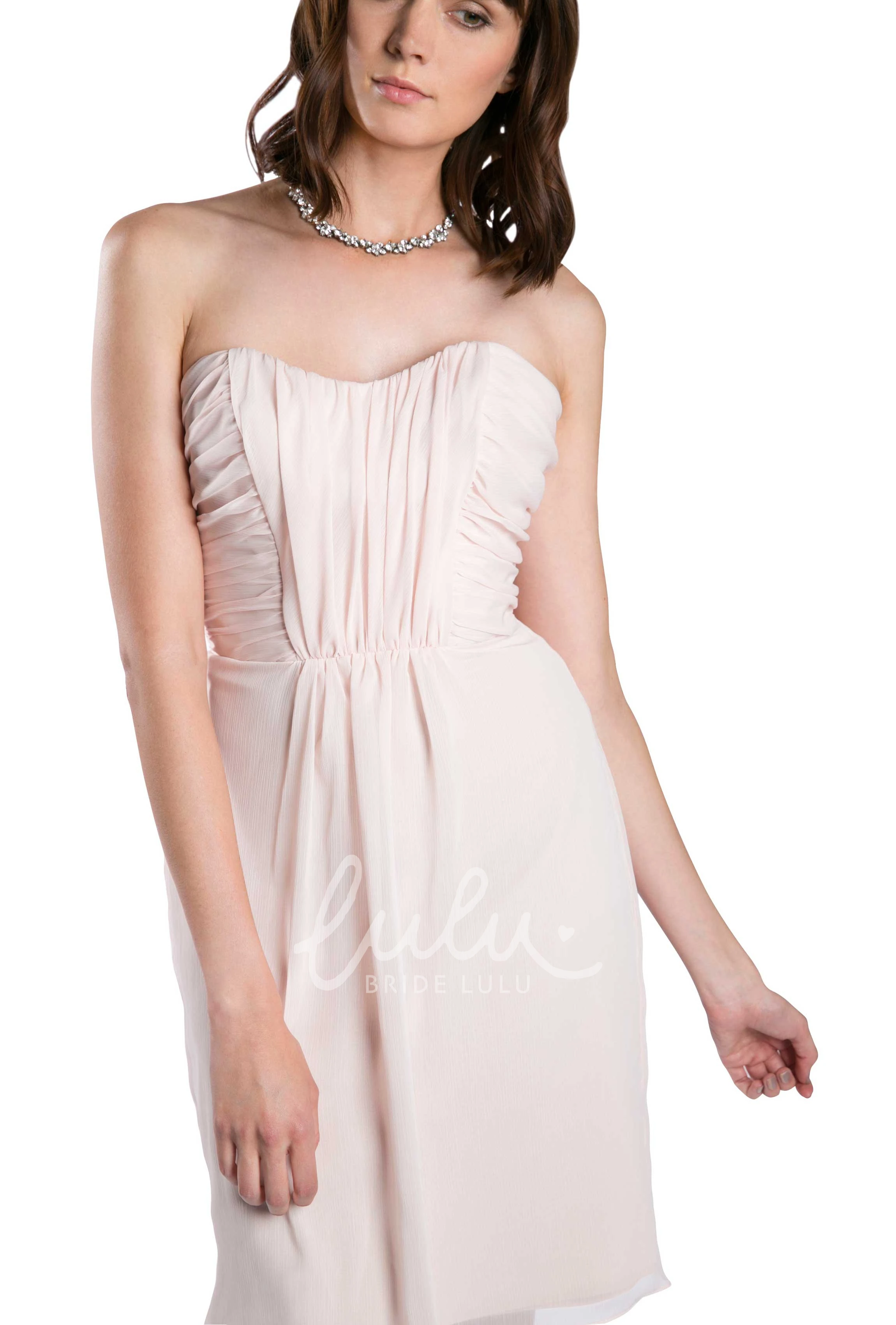Strapless Ruched Chiffon Bridesmaid Dress in Muti-Color Mini Pencil Style with Low-V Back