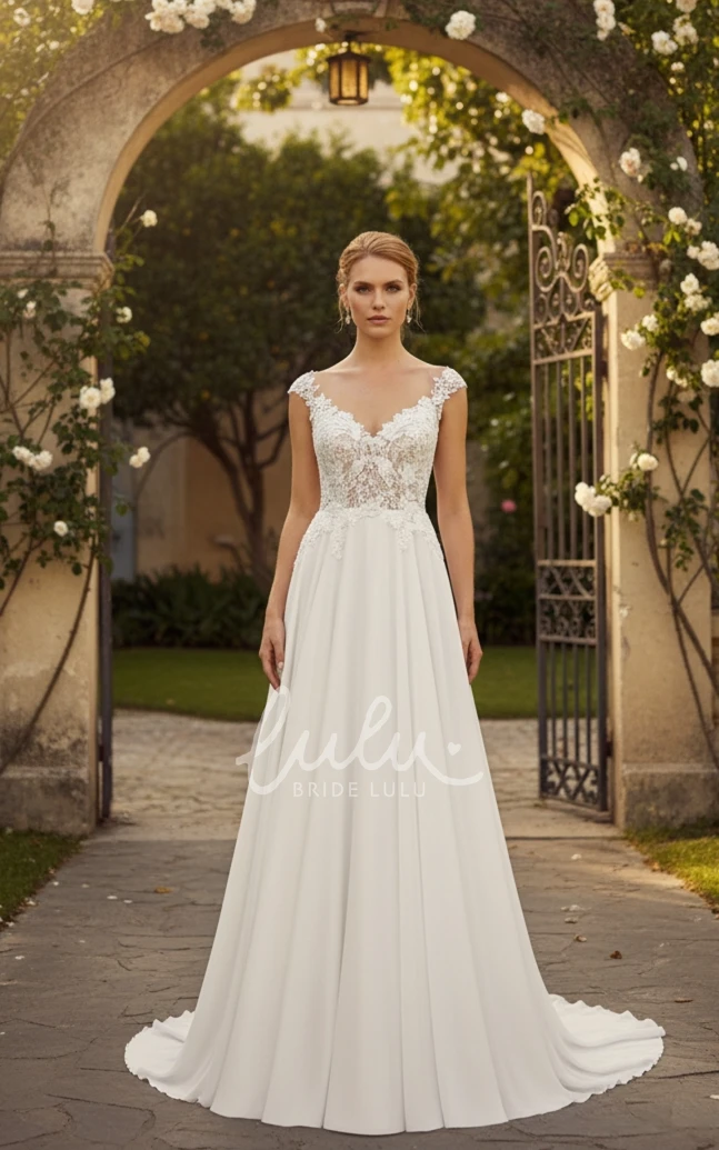 A-Line Casual Lace Sleeveless Wedding Dress Romantic V-Neck Illusion Bridal Gown