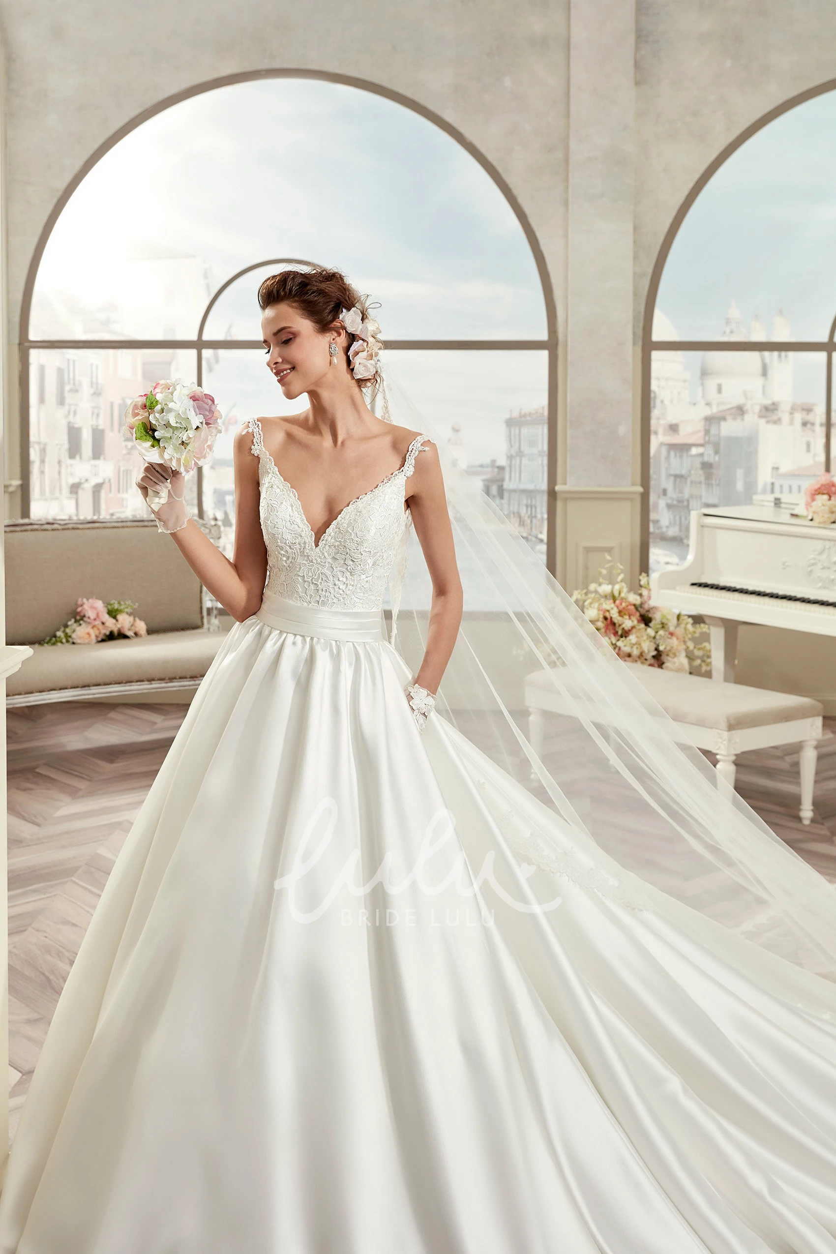 V-Neck A-Line Bridal Gown with Applique Straps and Cinched Waistband Open-Back