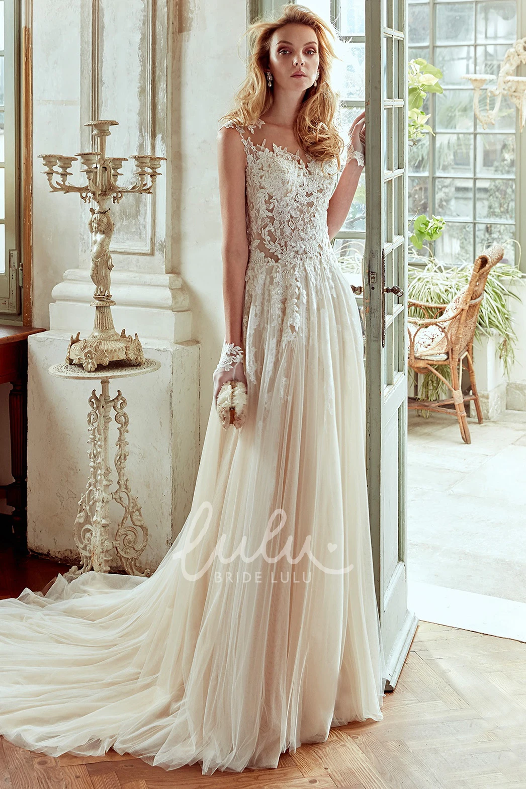 Pleated Skirt Strap-Neck Wedding Dress with Lace Appliqued Bodice Classy Wedding Dress Women