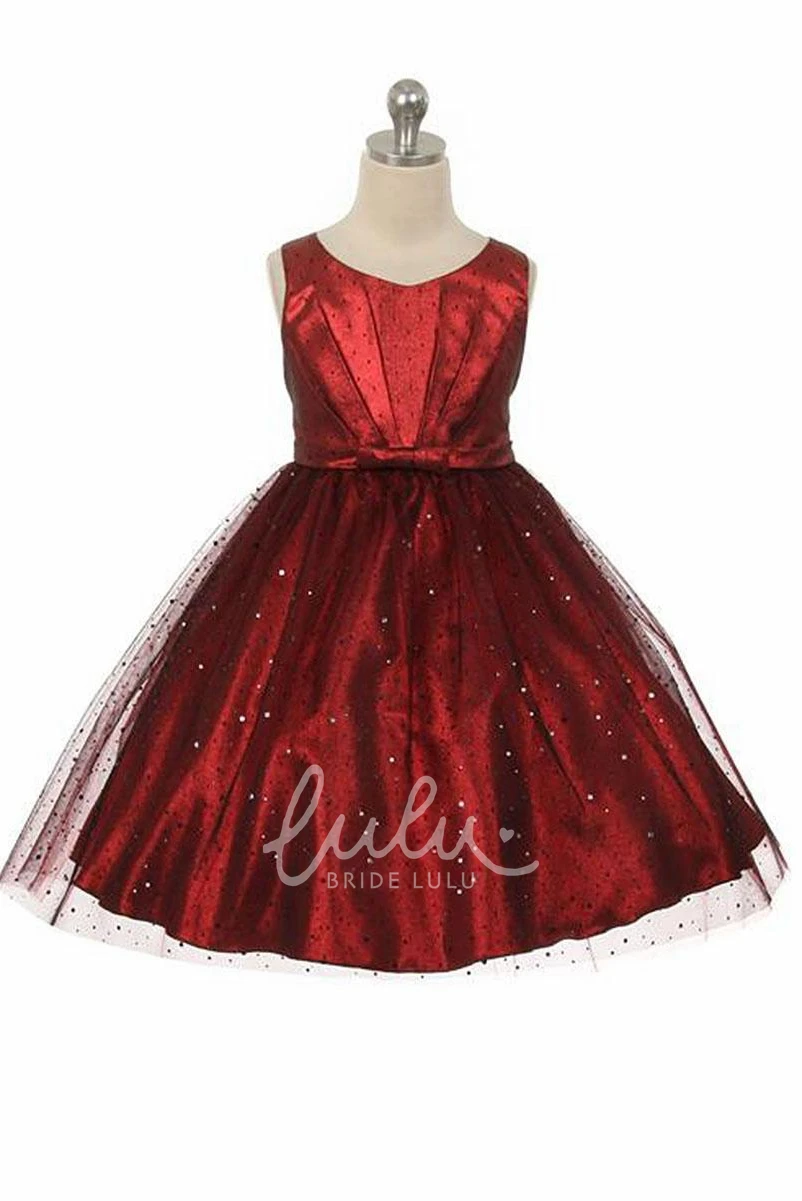 Pleated Tulle&Sequins Flower Girl Dress V-Neck Tea-Length Unique