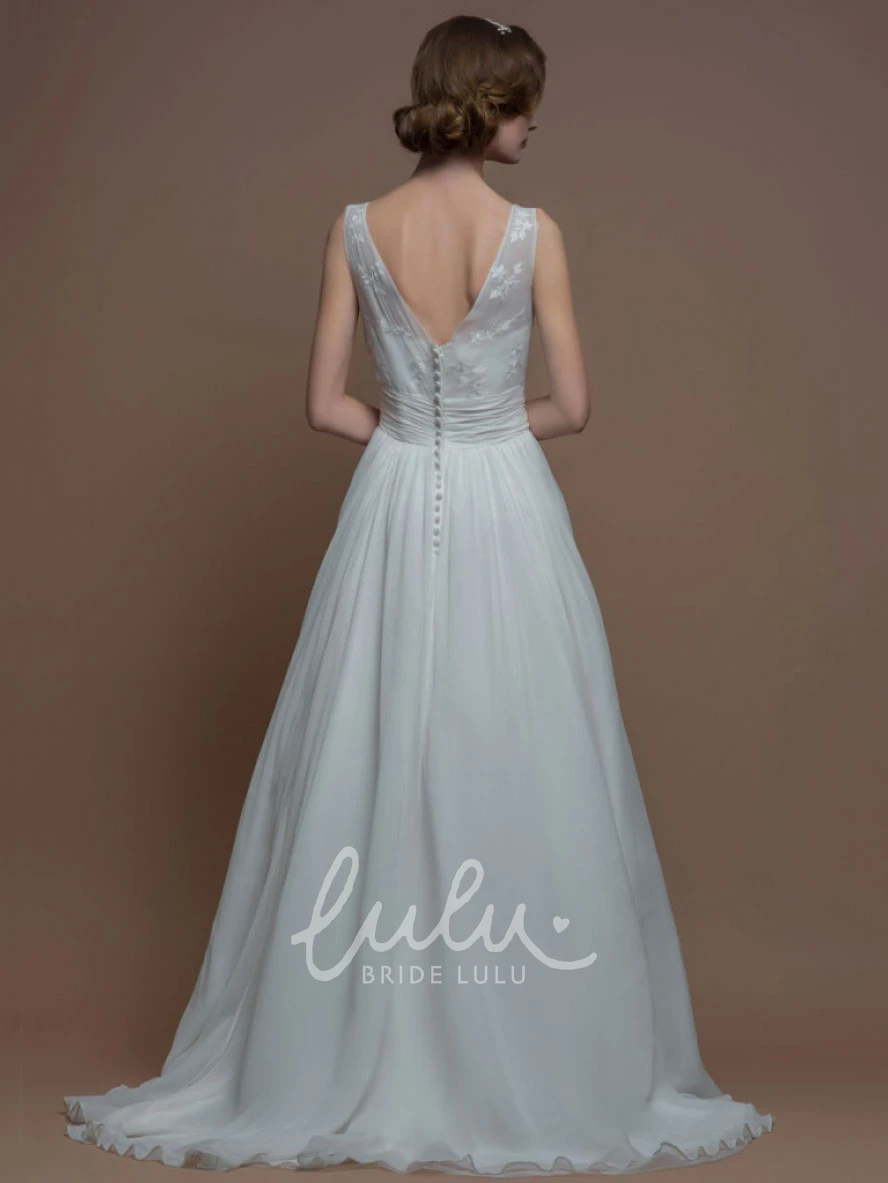 Sleeveless Maxi Appliqued Bateau Wedding Dress A-Line with Low V-Back