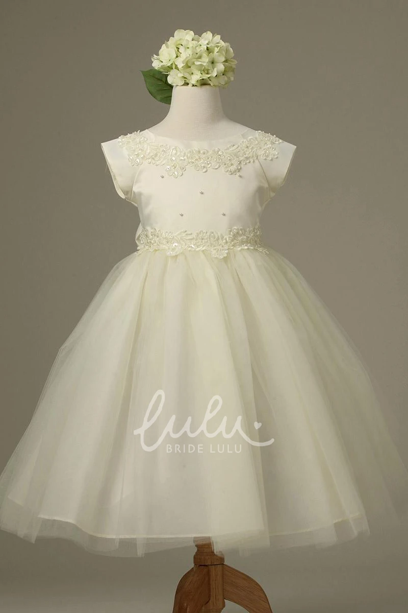 Cap-Sleeve Lace Flower Girl Dress Tea-Length Appliqued Unique