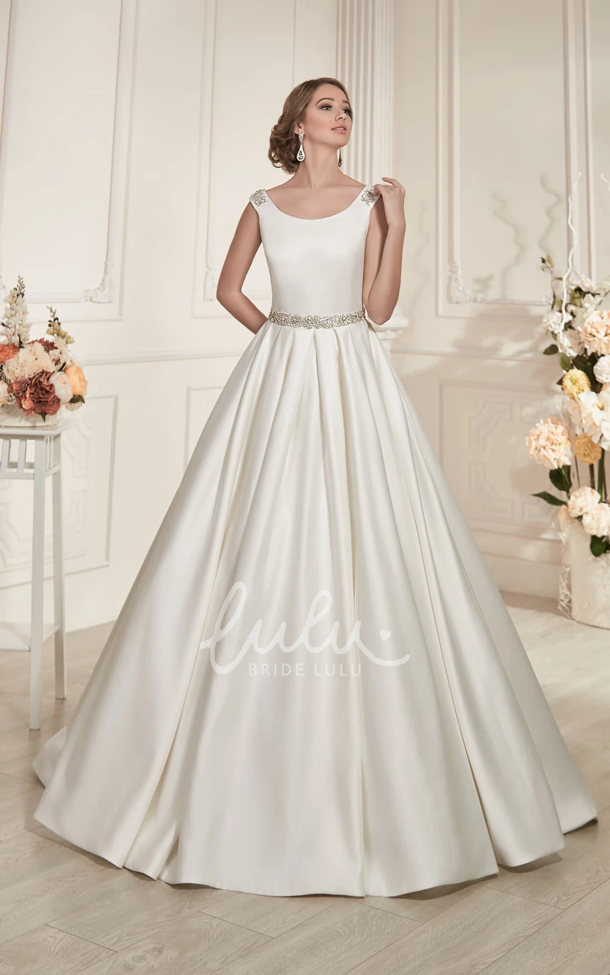 Satin A-Line Floor-Length Sleeveless Dress with Beading and Pleats Prom Dress