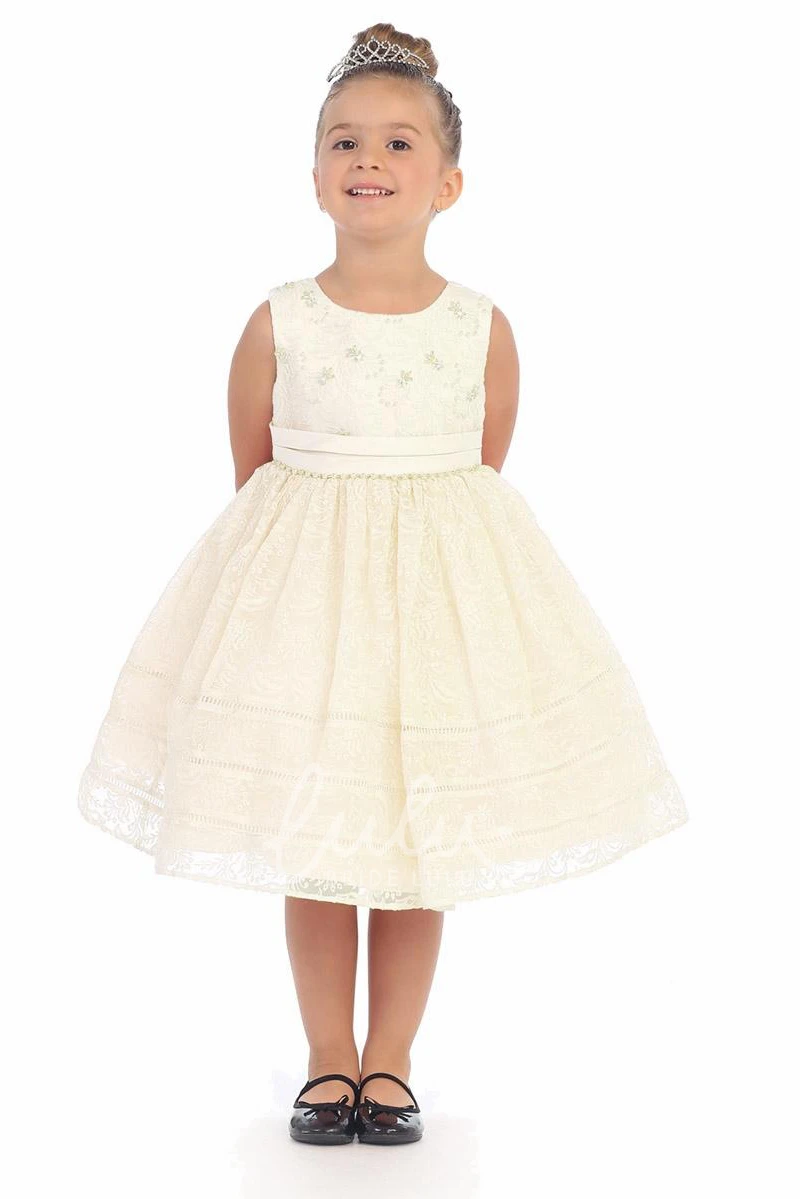 Lace Tiered Flower Girl Dress with Ribbon Tea-Length