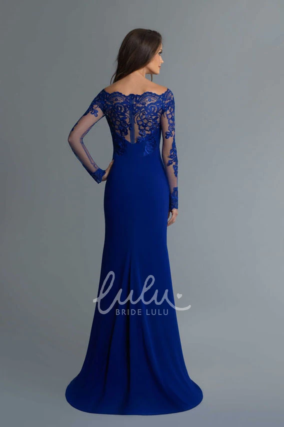 Off-The-Shoulder Maxi Sheath Jersey Formal Dress with Long Sleeves Lace Illusion and Split Front