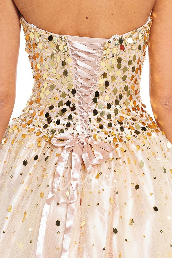 Beaded A-Line Strapless Satin Prom Dress with Lace-Up Back and Bow Floor Length