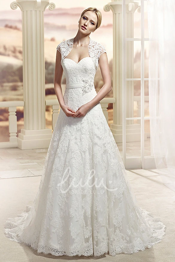 Caped Lace A-Line Wedding Dress with Sweetheart Neckline and Appliques