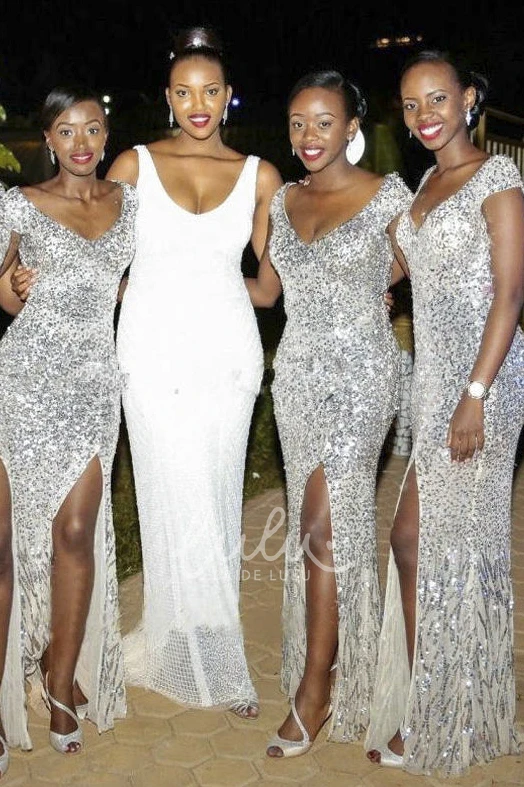 Sequined Sheath Prom Dress with Split and Cap Sleeves