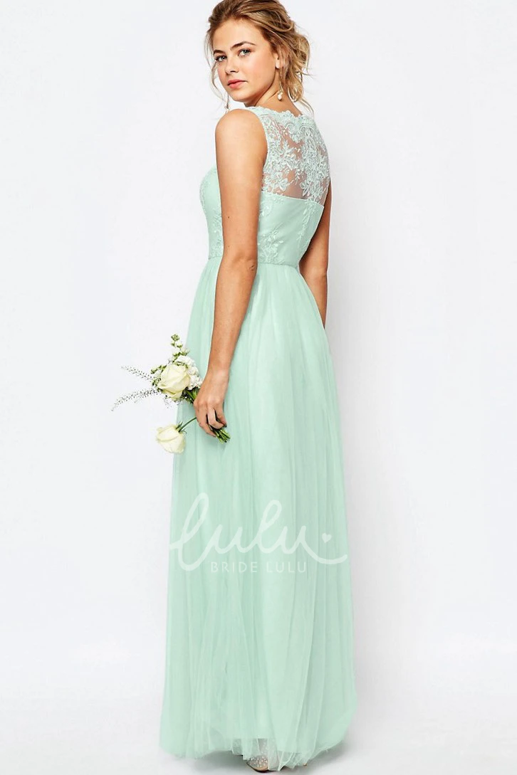 A-Line Lace Tulle Bridesmaid Dress Sleeveless Ankle-Length Bateau Neck
