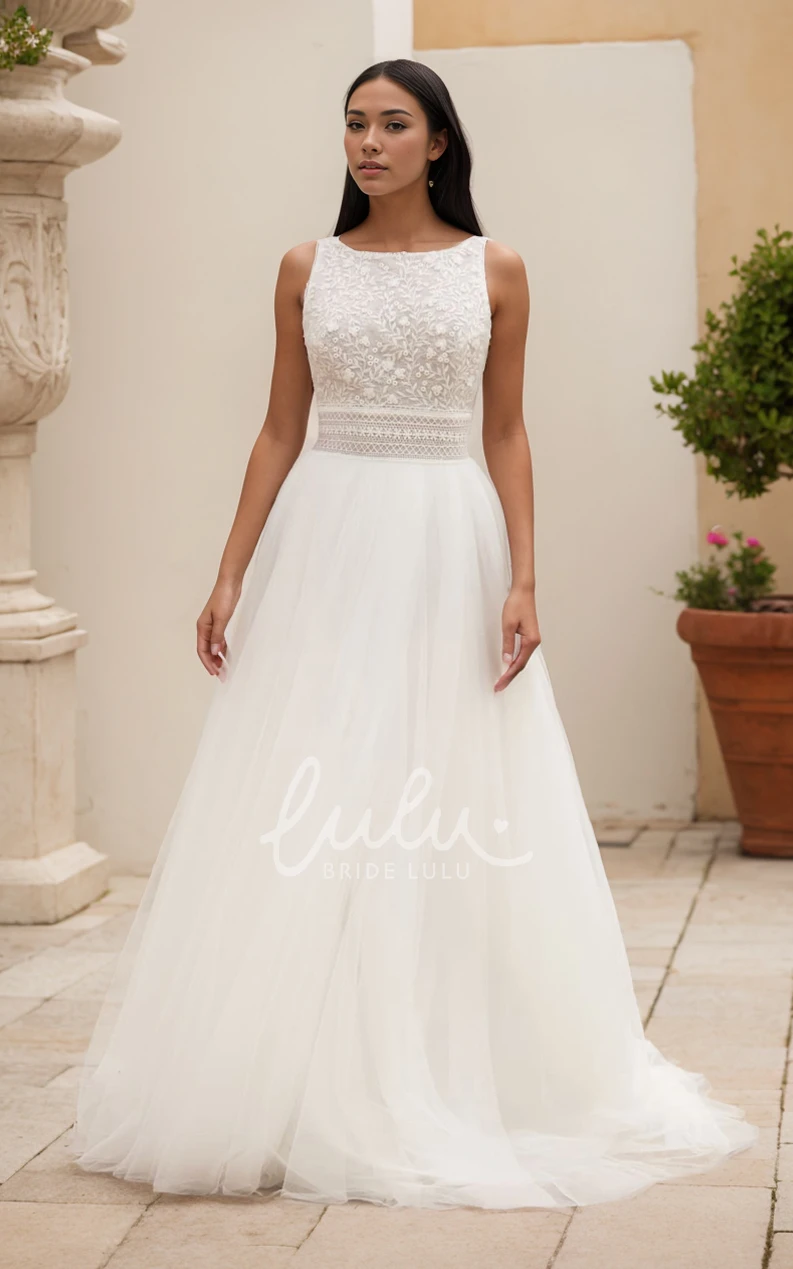 A-Line Bateau Neck Sleeveless Lace Tulle Wedding Dress Backless Bridal Gown with Train and Zipper