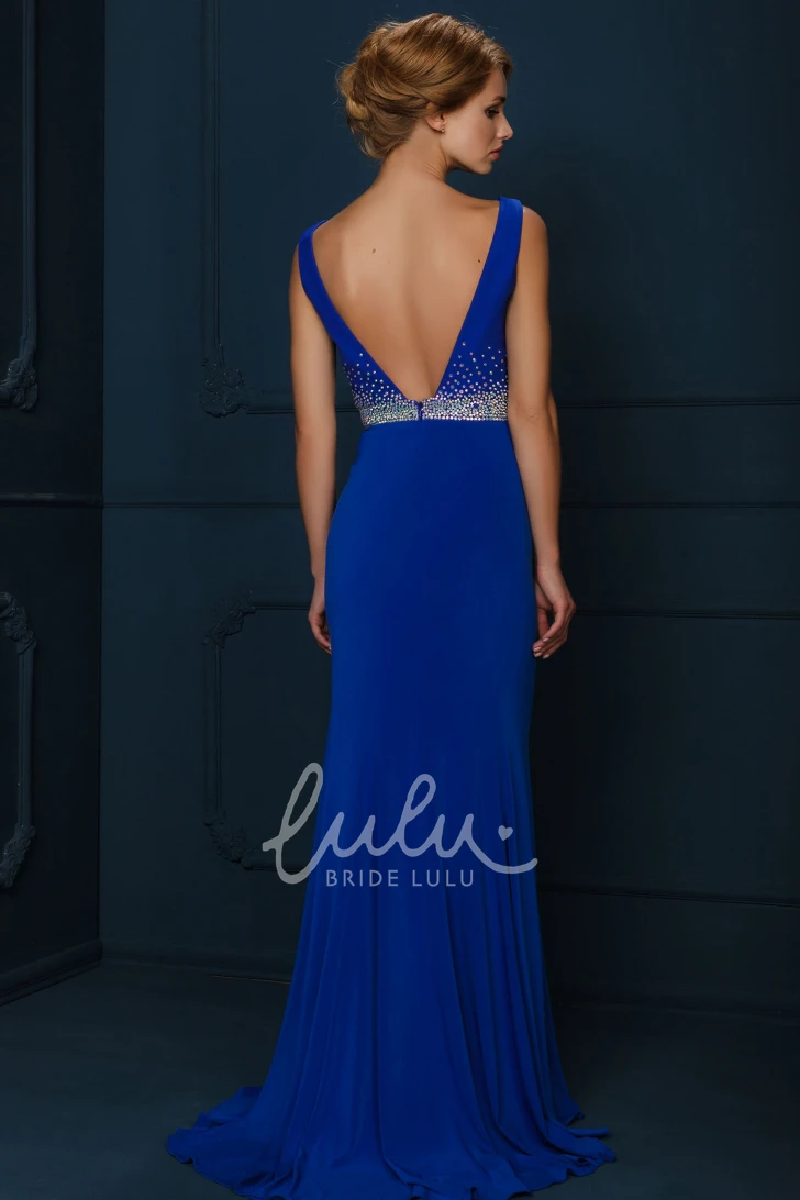 V-Neck Sleeveless Jersey Prom Dress with Beaded Detail and Floor-Length