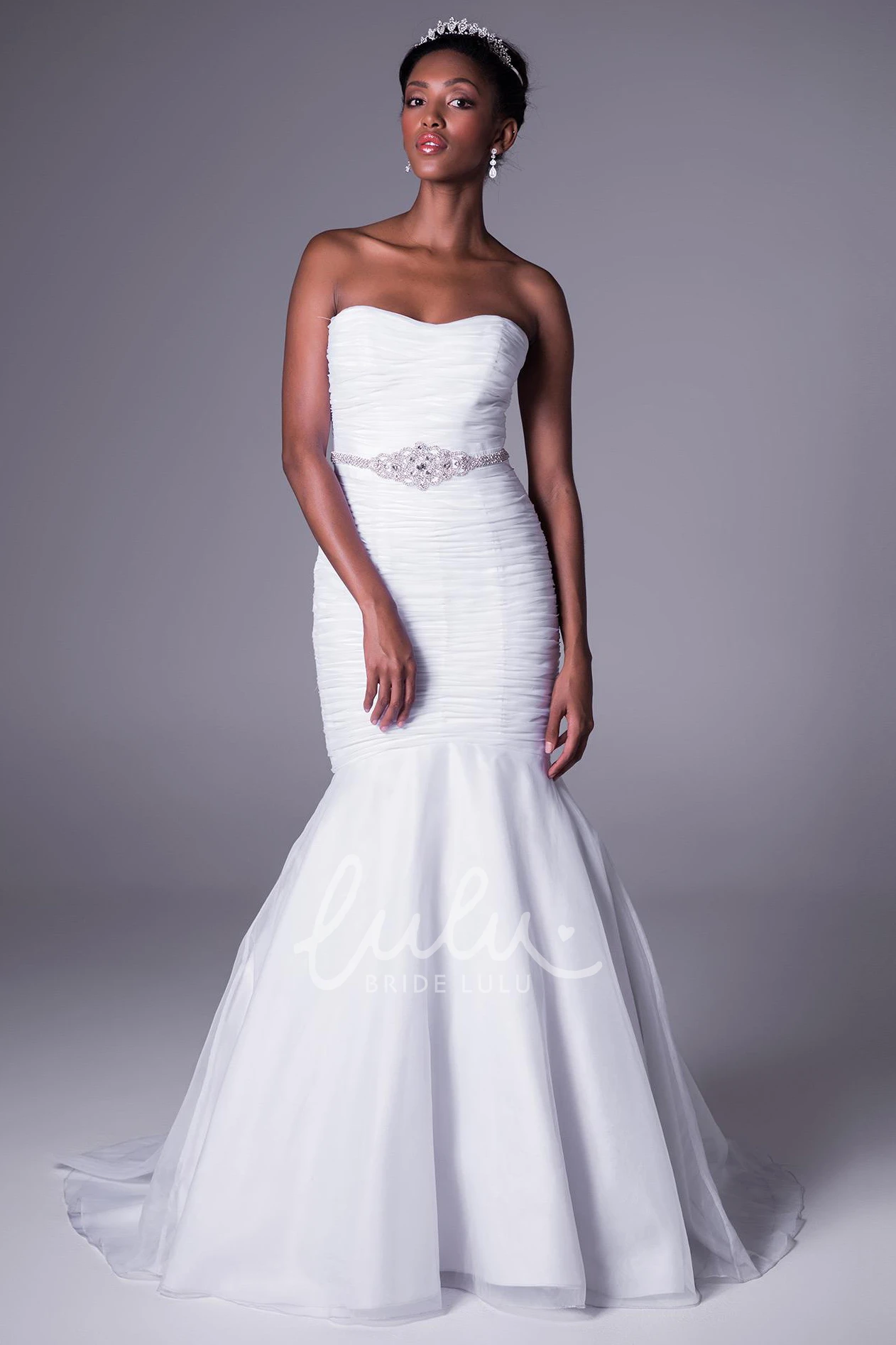 Jeweled Chiffon Strapless Wedding Dress with Brush Train and Trumpet Silhouette