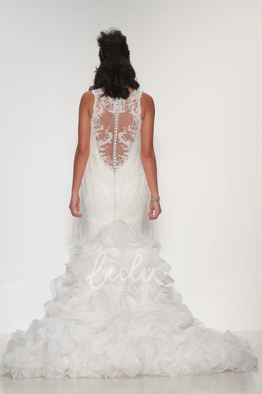 Sleeveless Jewel Lace Mermaid Wedding Dress with Illusion Back Floor-Length Appliqued Dress