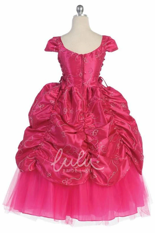 Embroidered Lace Flower Girl Dress with Brooch Ankle-Length Tiered