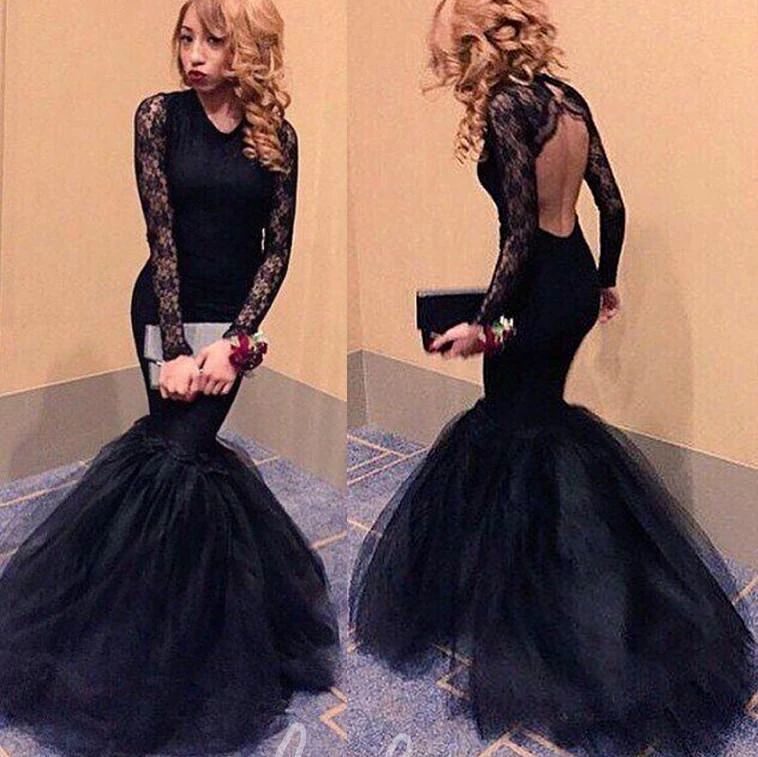 Black Lace Mermaid Prom Dress with Long Sleeves Sexy Evening Gown