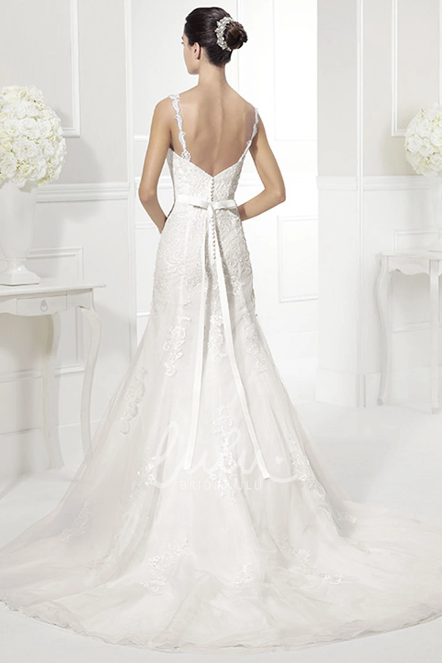 Mermaid Tulle Bridal Gown with Applique and Sash Spaghetti Straps