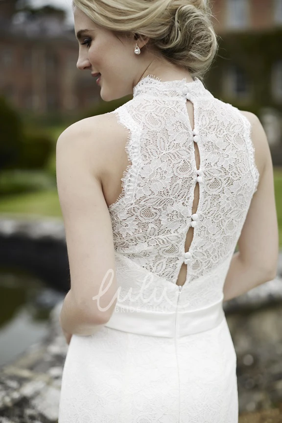 Court Train Floral Lace Wedding Dress with High Neckline