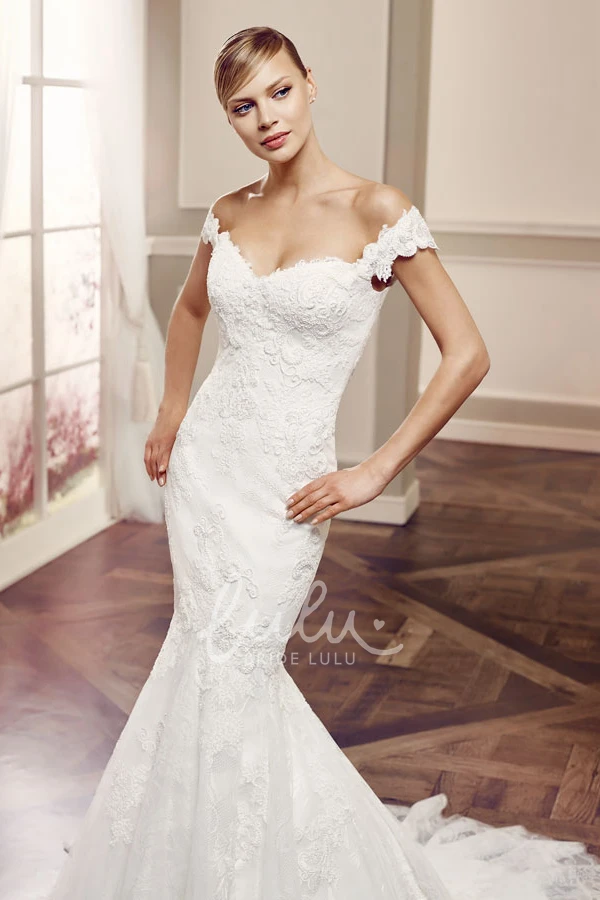 Off-The-Shoulder Lace Wedding Dress with Court Train and V Back Modern Bridal Gown