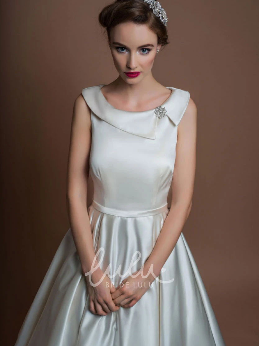 Satin Sleeveless Tea-Length A-Line Wedding Dress With Broach Classy Bridal Gown