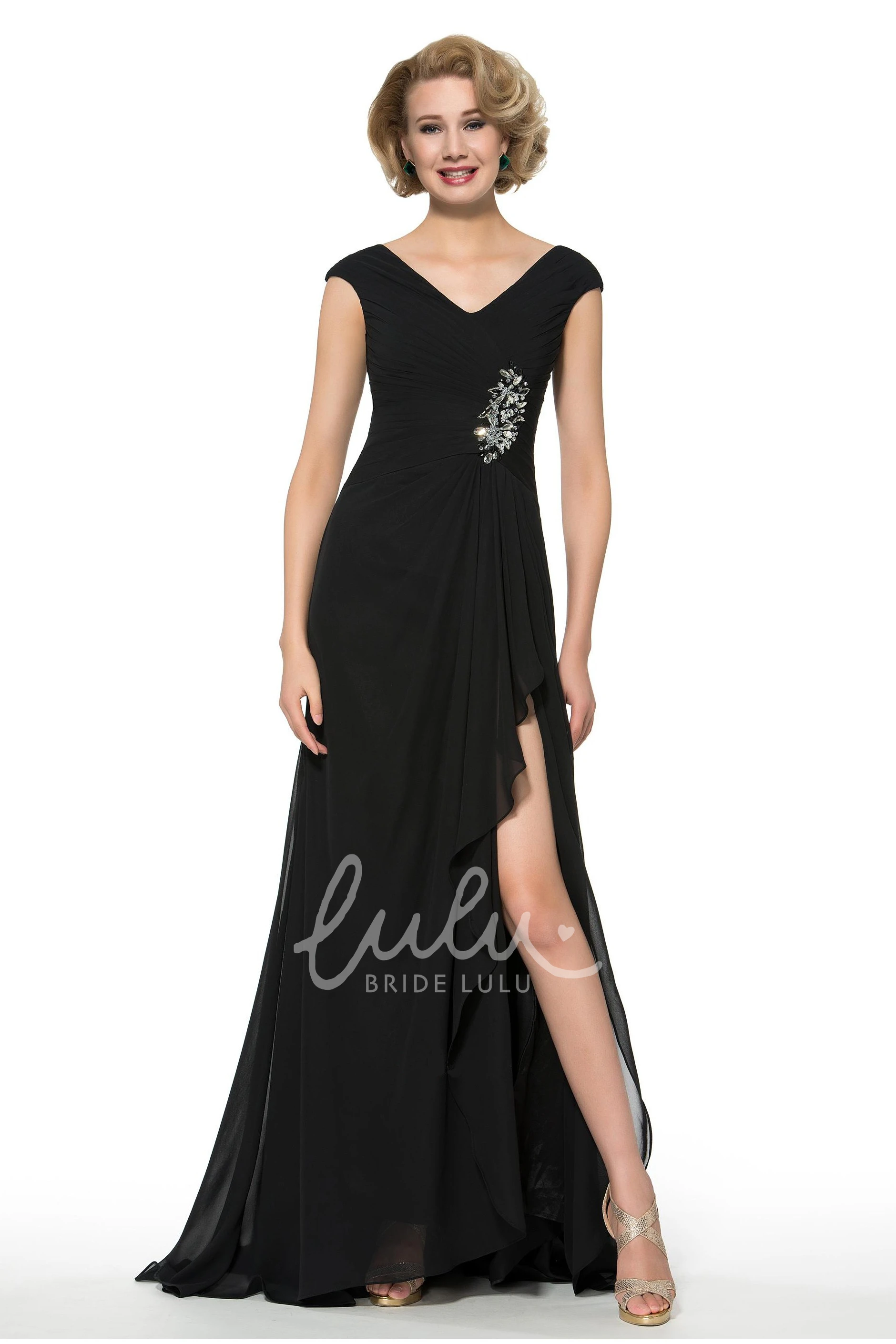 V-Neck Cap Sleeve Chiffon Long Bridesmaid Dress with Front Split and Beading Simple & Elegant