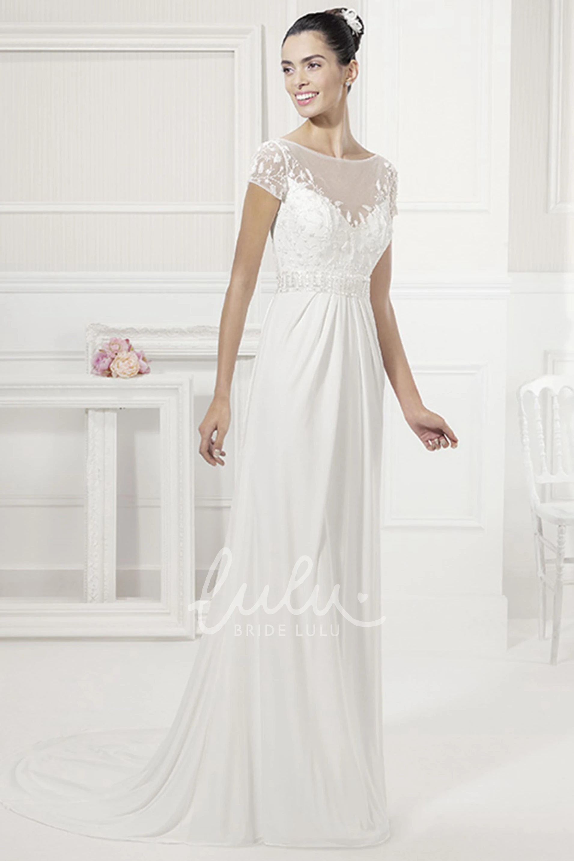 Short-Sleeve Wedding Dress with Jewel Neckline and Crystal Sash